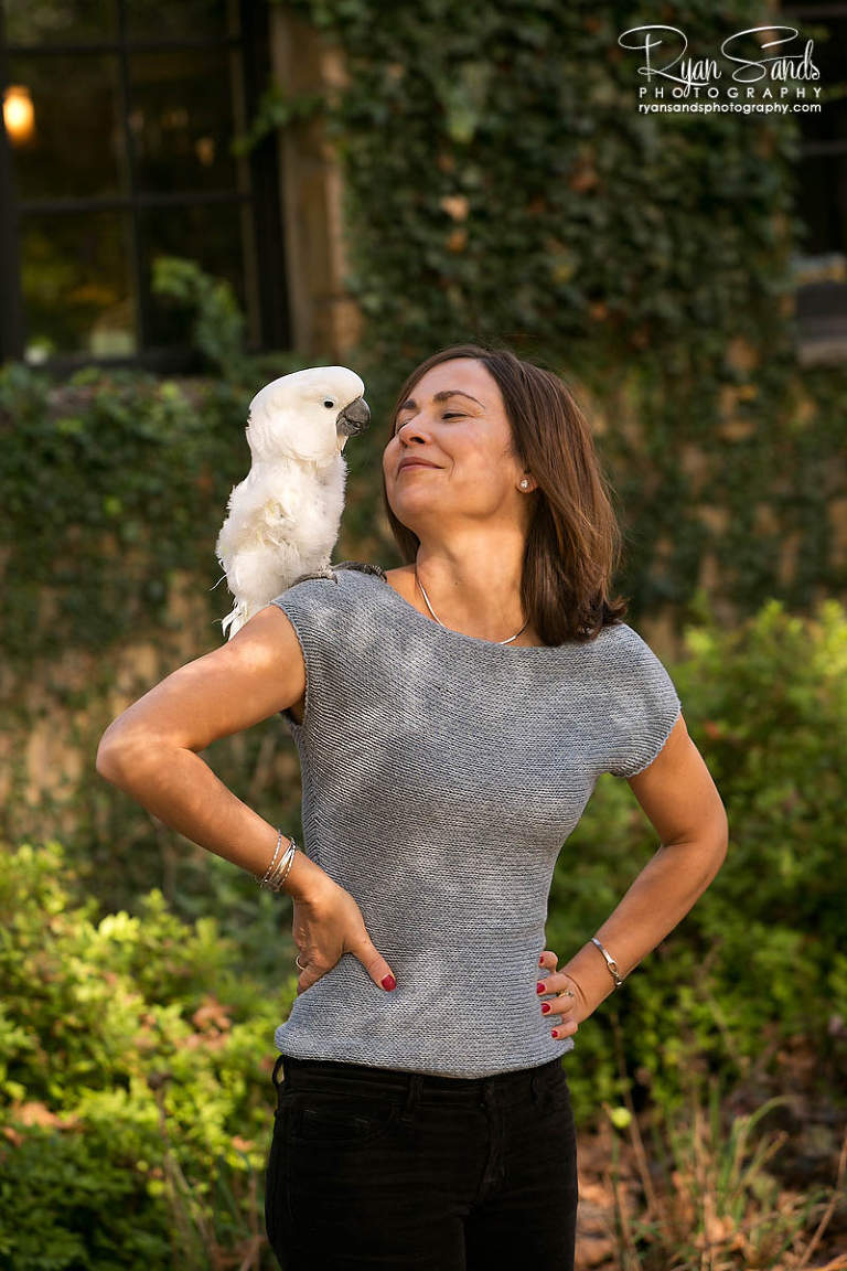Newtown PA Photographer - You can see her pet parrot sitting on her shoulder posing for the camera.